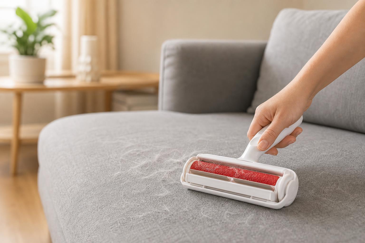 Removing pet hair from a sofa with the roller